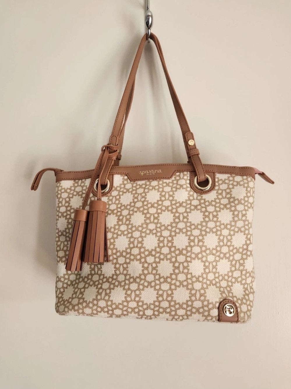 Spartina 449 Tan & Cream Tote Bag with Tassel